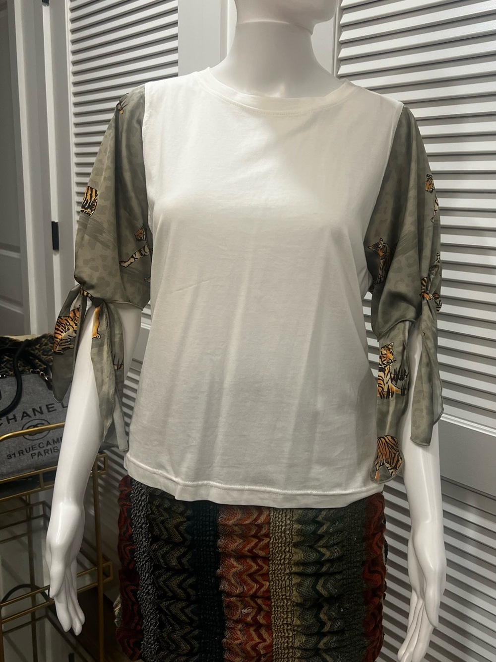 Zara White Tee with Olive Tiger-Print Tie Sleeves